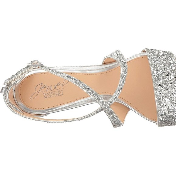 New Jewel Badgley Mischka Heel Sandals Silver Glitter - Picture 8 of 8